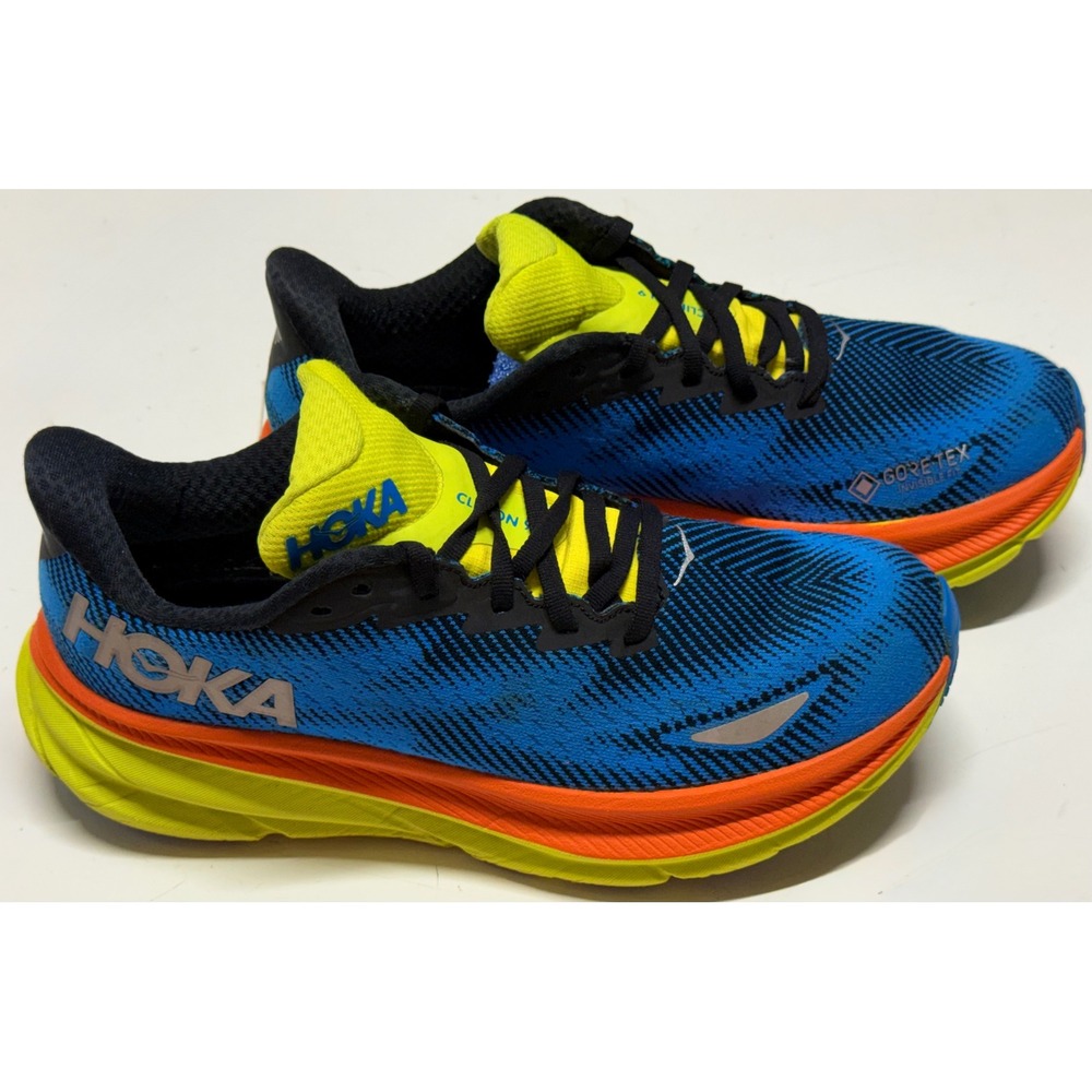 Hoka Clifton 9 GTX Mens 7.5 Blue Orange Yellow Waterproof Running Shoes 1150810
